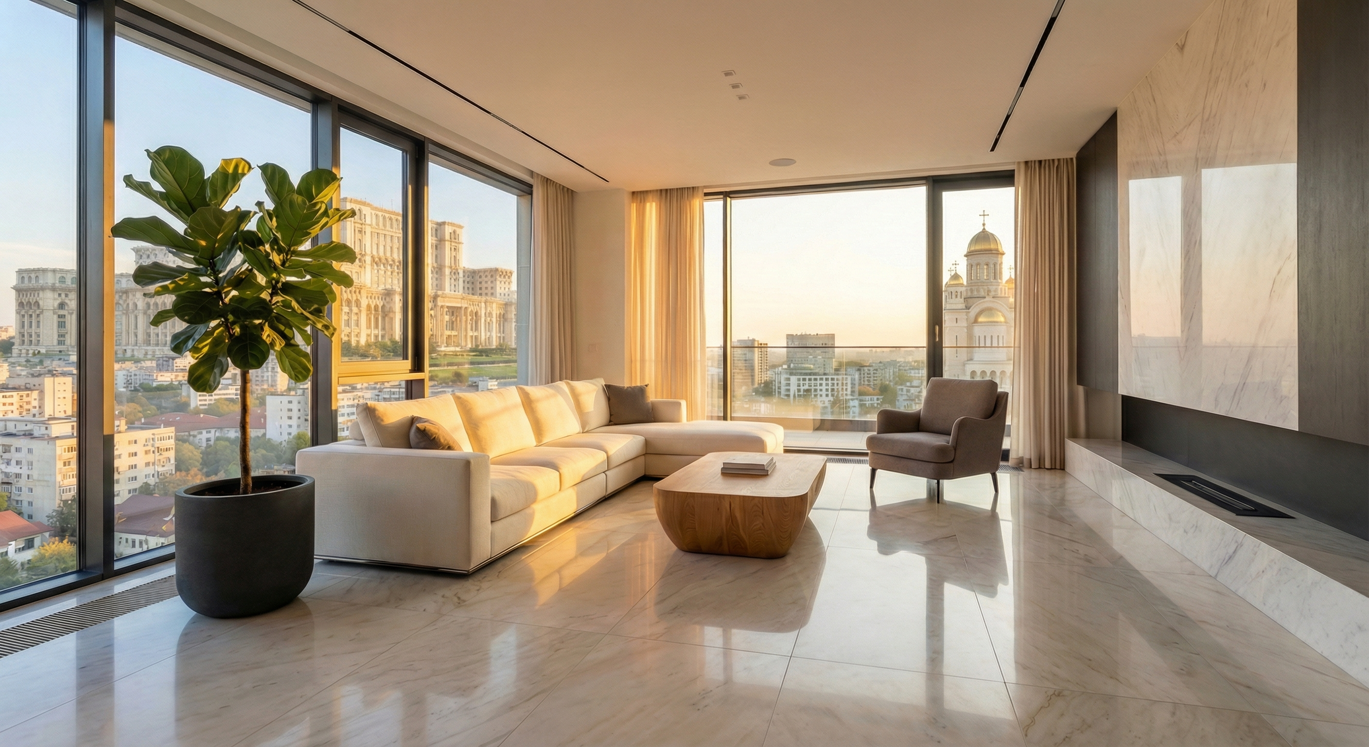 Interior penthouse modern cu vedere panoramică